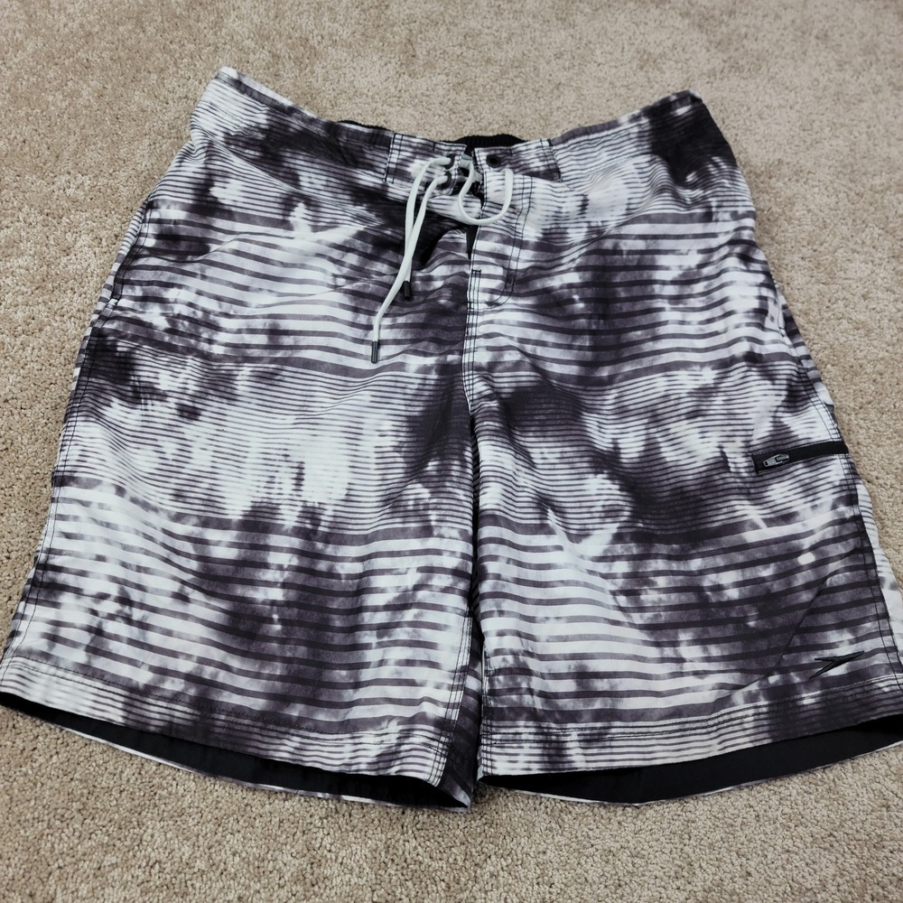 Speedo Mens XXL Board Shorts Black White Tie Dye Striped Swim Trunks Mesh Lining